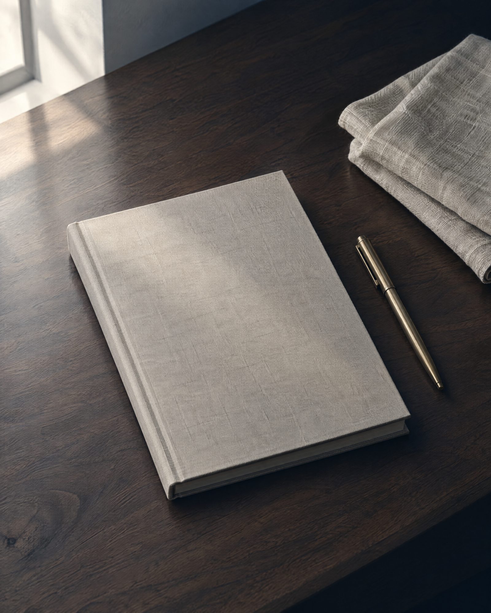 A bound report on a desk beside linen and a pen